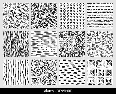 Geometric seamless hand drawn patterns with scribble lines, swirls, hearts, dashes, zigzags, waves and squares, black and white abstract vector set Stock Vector