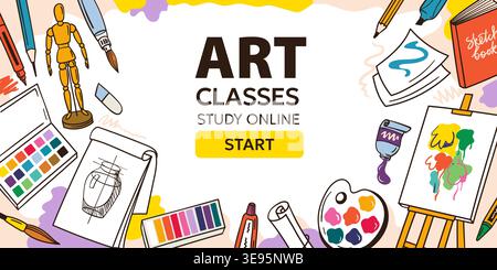 Art classes online study background for education course and school learning, colorful vector banner with palette, easel, paint, brush, pencil and Stock Vector