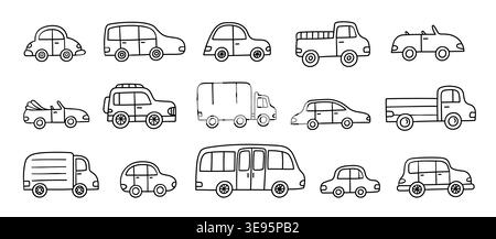 Car vehicle doodle set with auto, truck, pickup, van, minibus, bus, SUV, sedan, hatchback and convertible, hand drawn outline transport icons in black Stock Vector
