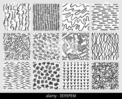 Doodle seamless patterns with wavy lines, herringbone marks, squiggles, ovals, zigzags, abstract curls, maze like forms, overlapping loops, scattered Stock Vector