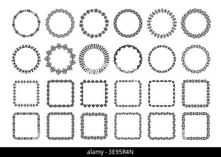 African tribal frames and wreath borders, ethnic circular and square ornamental vector collection with geometric motifs, hand drawn black decorative Stock Vector