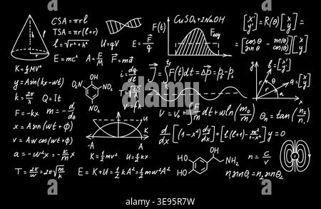 Blackboard with science formulas and equations, chalk handwritten mathematics, physics and chemistry diagrams on black background, educational vector Stock Vector