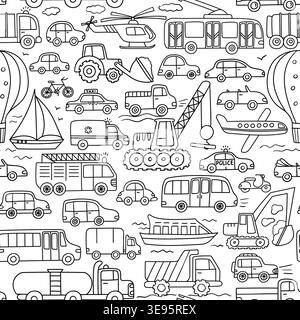 Transport seamless pattern with doodle cars, buses, trucks, taxi, police, ambulance, helicopter, airplane and boat, hand drawn monochrome vehicle Stock Vector