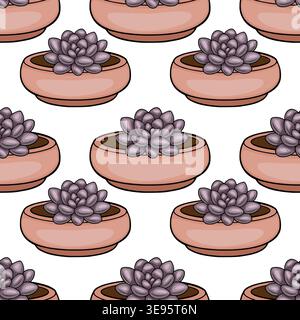 Seamless vector pattern of purple succulents in terracotta pots, simple flat illustration Stock Vector
