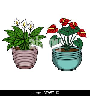 Vector illustration of two potted houseplants: white calla lilies and red anthuriums with lush green leaves. Stock Vector