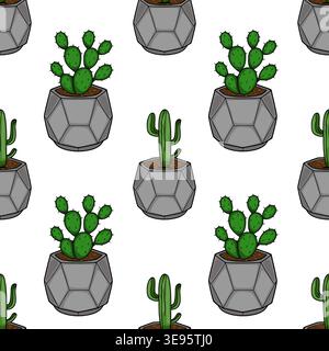 Seamless vector pattern of potted green cacti in geometric grey planters Stock Vector