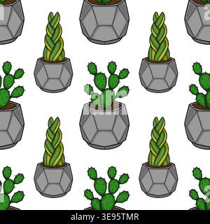Seamless vector pattern of potted succulents and cacti in geometric grey pots, fresh green plants Stock Vector