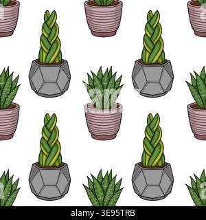 Seamless vector pattern of potted snake plants and twisted green succulents in geometric pots Stock Vector