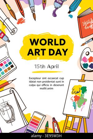 World Art Day poster greeting for 15th April celebration, colorful vector flyer with palette, paint brushes, sketchbook, easel and canvas, creative Stock Vector