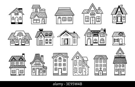 House home doodle buildings and cottages, cute residential architecture with facade, windows, doors, roofs, chimneys and balconies, hand drawn black Stock Vector