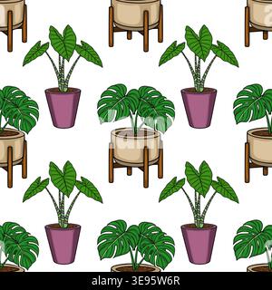 Seamless vector pattern of lush green houseplants in decorative pots Stock Vector