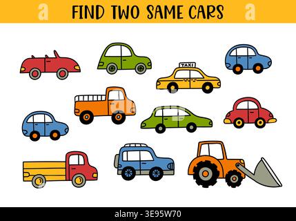 Find two same cars worksheet for preschool kids, colorful vehicle matching game with taxi, pickup, tractor and cartoon cars, educational transport Stock Vector