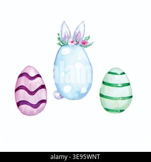 Watercolor Easter egg with bunny ears and other Easter elements Stock Vector