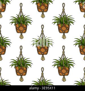 Seamless vector pattern of a hanging macrame plant holder with lush green leaves. Stock Vector