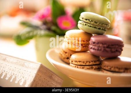 Macarons, a colorful lifestyle dessert on a plate Stock Photo