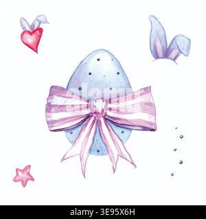 Watercolor Easter egg with bunny ears and other Easter elements Stock Vector
