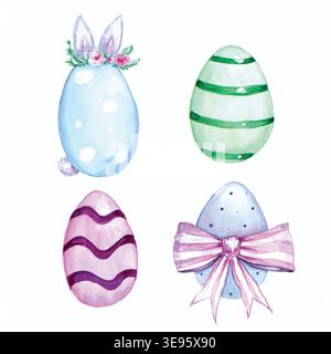 Watercolor Easter egg with bunny ears and other Easter elements Stock Vector