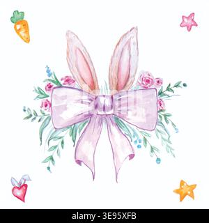 Watercolor Easter egg with bunny ears and other Easter elements Stock Vector