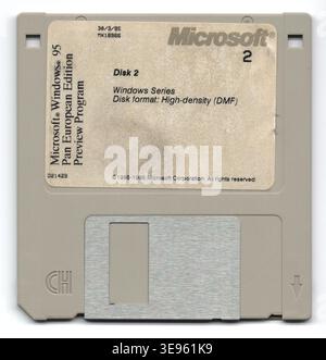 Windows 95 (version 4.00.347) Pan-European installation disc 'Floppy2' was used for installing the Microsoft operating system in various European languages. This floppy disc was part of a multi-language set of installation media distributed in the 1990s. Stock Photo