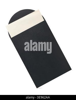 blank matte black paper envelope with card partially inserted isolated white background, side view mockup template with copy space Stock Photo
