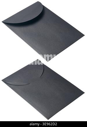 two matte black paper envelopes isolated white background, smooth texture with rounded flap closure, angle view mockup template with copy space Stock Photo