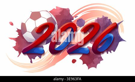 Football vector background with soccer ball and stylish 2026 typography in usa national colors. Abstract red and blue watercolor splashes on white bac Stock Vector