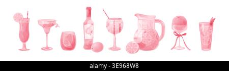 Watercolor aperol. Italian cocktail drink. Hand drawn beverage glass. Lemonade jug with citrus slices. Lemon liqueur bottle. Summer party or bachelorette invitation. Pink print. Wineglasses vector set Stock Vector