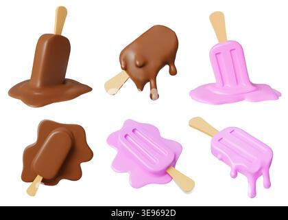 Ice cream melt. Top view of popsicle drip, icecream spill or stick. Summer chocolate food art. 3D glossy render of chocolate and berry dessert various dripping stages with puddles. Vector cartoon set Stock Vector