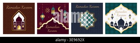 Ramadan elements. Eid mubarak islam moon cards, modern minimal arab background or building mosque silhouette with crescent. Festive seasonal square social media post. Vector minimal style design set Stock Vector