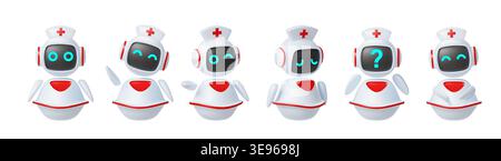 3d robot. Cute mascot character, happy animal chat bot with digital elements. Medical AI communication assistants with different emotions. Vector telemedicine interface set isolated on background Stock Vector