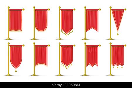 Red flag set. Gold pole for royal ceremonial banner, vertical golden pennant stand or heraldic award. Textile tassel on pillar. Advertising hanging textile. Vector realistic mockup isolated elements Stock Vector