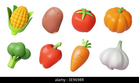 3d vegetables. Fruit food icon, healthy tomato and corn ingredient of farm agriculture. Diet plant cooking on kitchen. Cute carrot, pumpkin and farm broccoli. Vector cartoon glossy isolated vegan set Stock Vector