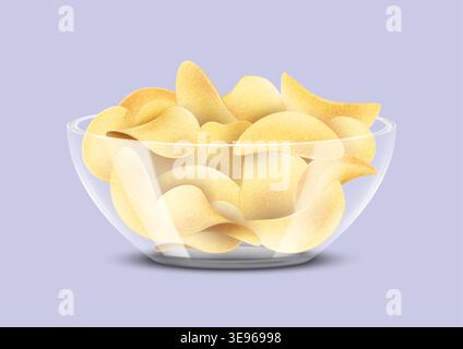 3D chips. Potato crisp snack heap. Crunchy golden slices glass bowl. Crinkle junk food dish. Fried delicious pieces. Spicy appetizer plate. Unhealthy fastfood. Salty product. Vector realistic object Stock Vector