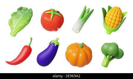 3d plant food. Vegetable diet glossy render, garden cartoon products with leaves. Fresh food grocery menu, healthy vegetarian eating, eggplant and pumpkin. Leaf for salad Illustration. Vector icons Stock Vector