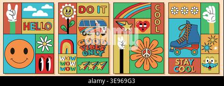 Retro cartoon posters. Good vibes. Hippie bus and chamomile pacific symbol. Wow stars. 60s smileys. Color groovy collage of square parts. Emoticon hand gesture. Sky rainbow. Vector funky cards set Stock Vector