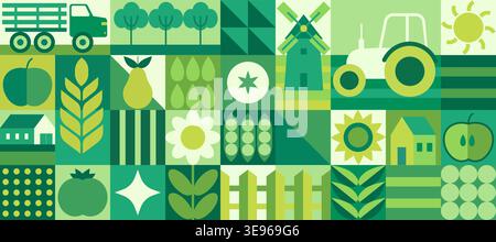 Agriculture concept. Geometric agro nature bio field background, abstract eco agronomy with floral leaf. Green flowers, organic plants icon mosaic, harvest flat style symbols. Vector banner design Stock Vector