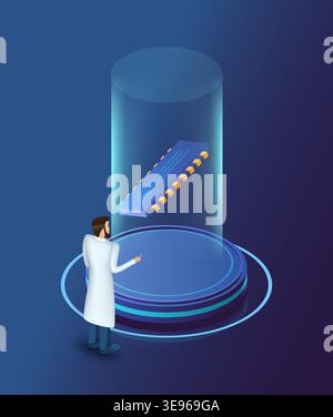 Digital data computing. Isometric 3D microchip on stand. Scientist in suit working with computer chip. Electronic equipment. Information processor. AI technology. Cyber intelligence. Vector concept Stock Vector