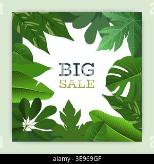 Big sale. Tropical leaves frame. Exotic jungle plants border for social media post, palm leaf square design advertising. Discount special offer. Summer seasonal vector isolated illustration template Stock Vector