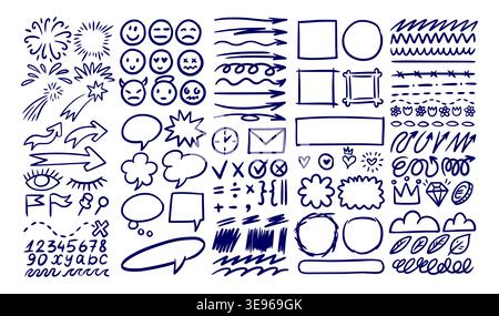Line arrows. Hand drawn brush stroke, highlight marker star sketch or cute pencil marks, emphasis and clouds. Scribble emotion faces and pen marker frames, speech bubbles. Vector isolated elements Stock Vector