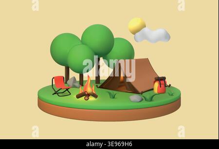 3d camp. Forest tree, tent and burning fire, cute bush garden or cloud tent for summer adventures. Plastic nature weekend exploration, outdoor leisure. Vector render cartoon isolated illustration Stock Vector