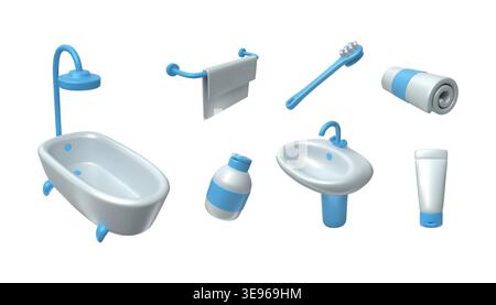 3d clean tools. Toothbrush teeth hygiene sanitary products, shower or bath toiletries, brush, sink with faucet, cleanliness and home care. Vector render cute cartoon isolated household elements set Stock Vector