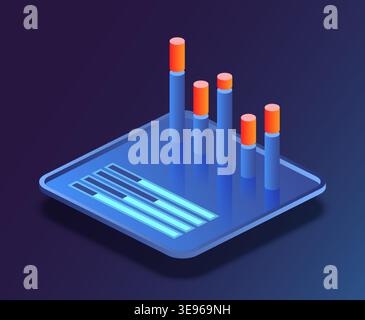 Digital data chart. Isometric 3D infographic at device screen. Histogram infochart. Smartphone display. Graphs mobile presentation. Business diagram. Indicator bars. Infograph analysis. Vector concept Stock Vector