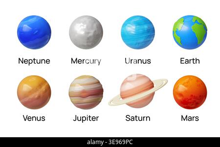 3D planet. Solar system with Mars, Jupiter and Mercury. Astronomy space. Star ring as clay sphere. Earth globe. Galaxy comet. Educational inscription. Vector isolated render glossy cosmic orbs set Stock Vector