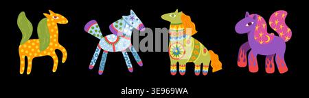 2026 horse. Happy chinese animal with ornamental design, funny china stickers for greeting card, calendar or alcohol party. Cartoon flat style isolated illustration, vector decorative collection Stock Vector