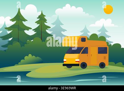 Caravan camper. Outdoor recreation on forest lake. Motorhome in forest. Road adventures, summer travel freedom in wild nature, transport for tourism. Vector cartoon flat style isolated illustration Stock Vector