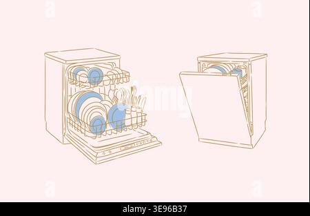 Dishwasher closed and opened machine with clean dishes drawing in graphic style on beige background Stock Vector
