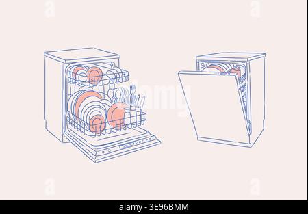 Dishwasher closed and opened machine with clean dishes drawing in graphic style with blue on beige background Stock Vector