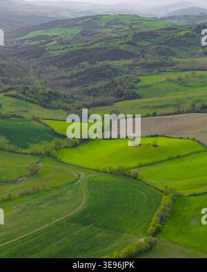 Aerial view of rolling green hills, cultivated fields, and lush forests under a soft hazy sky in Pomarance, Tuscany, Italy. Stock Photo