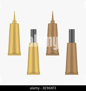 Open and closed squeeze tube with thin pointed tip applicator, mock-up. Golden and bronze colored containers with black screw cap Stock Vector