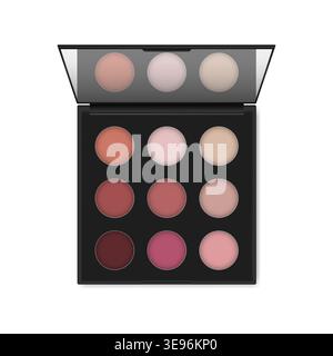 Make-up palette container isolated on white background. Eyeshadow or blush kit. Open compact makeup cosmetic case with mirror, vector template. Stock Vector
